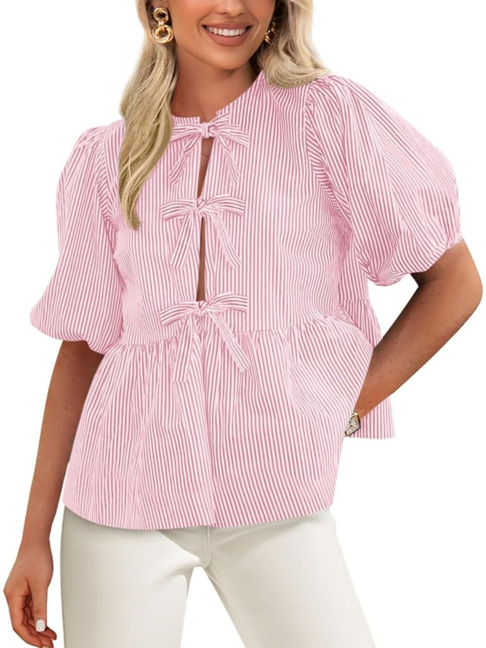 Women Striped Tie Front Babydoll Peplum Tops
